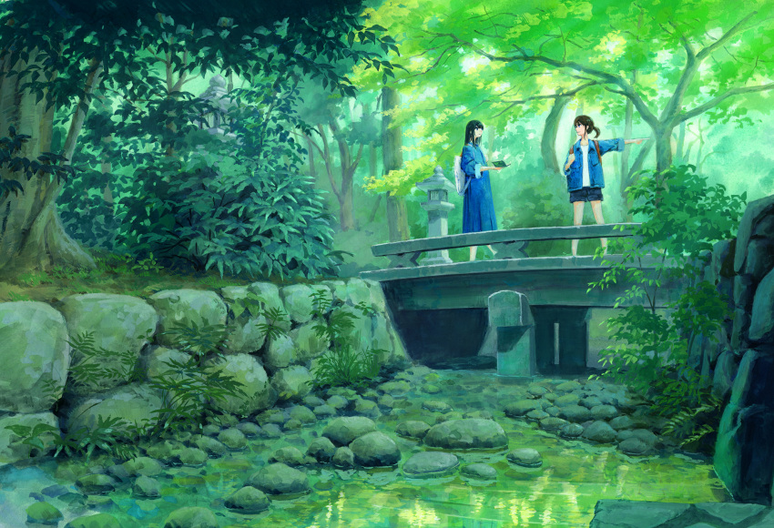 2girls backpack bag black_hair blue_dress blue_eyes blue_jacket book bridge day dress forest grass highres holding holding_book jacket kyoto long_hair looking_at_another moss multiple_girls nature original outdoors plant pointing ponytail rock sawitou_mizuki scenery shorts stone_lantern stream traditional_media tree tree_shade water