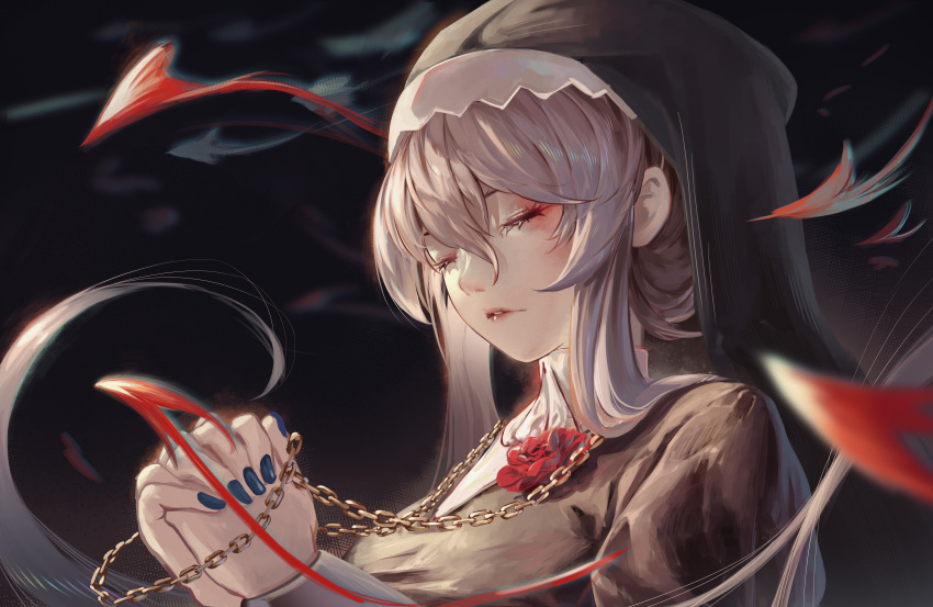 1girl absurdres arknights beancake chain closed_eyes dark_background flower gold_chain grey_hair hair_between_eyes highres holding lips long_hair long_sleeves nun own_hands_clasped own_hands_together parted_lips praying red_flower red_rose rose solo specter_(arknights) upper_body veil very_long_hair