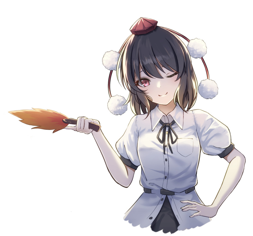 1girl ;) black_hair collared_shirt commentary_request cropped_torso fall_(5754478) hand_fan hand_on_own_hip hat hauchiwa looking_at_viewer one_eye_closed pom_pom_(clothes) red_eyes red_headwear shameimaru_aya shirt short_hair simple_background smile solo tokin_hat touhou white_background white_shirt