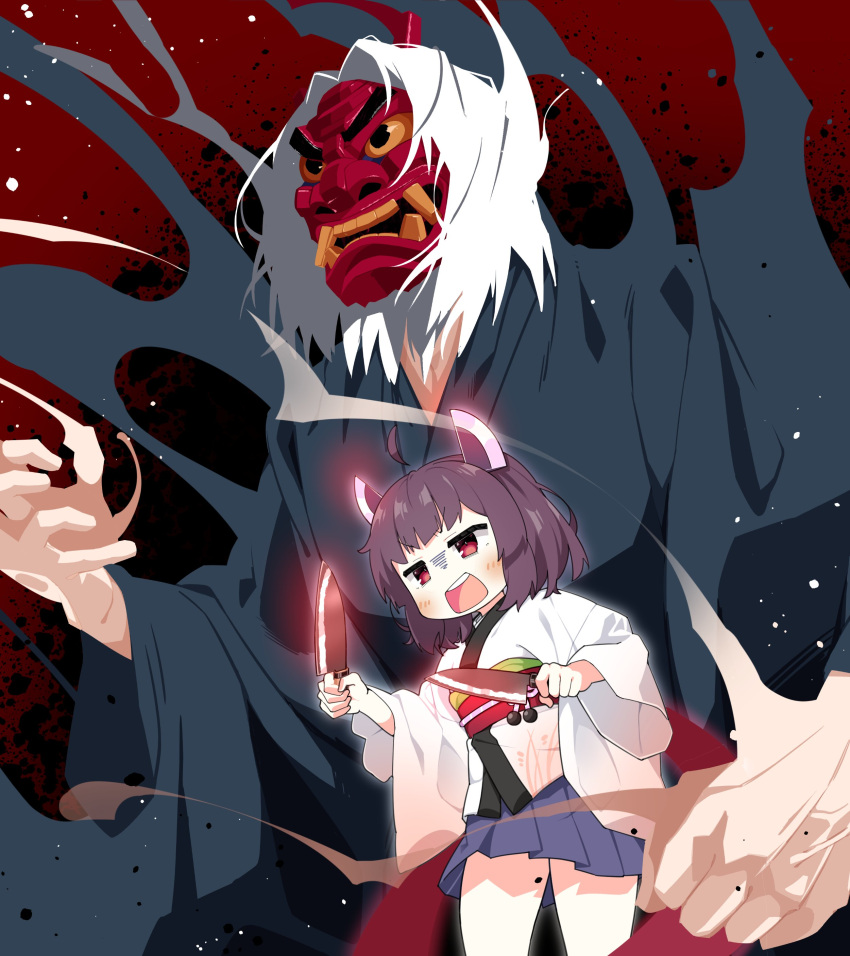 1boy 1girl absurdres black_background blade blue_skirt blush bow character_request cowboy_shot detached_ahoge dual_wielding glaring glowing glowing_weapon hands_up headgear highres holding holding_knife ink japanese_clothes kimono kitchen_knife knife konori_(ahurerukuiizi) light_particles long_sleeves looking_ahead mask multicolored_background obi obijime oni_mask open_mouth pleated_skirt purple_hair red_background red_bow red_eyes sash short_hair short_kimono skirt touhoku_kiritan v-shaped_eyebrows voiceroid waist_bow weapon white_hair white_kimono wide_sleeves yukata