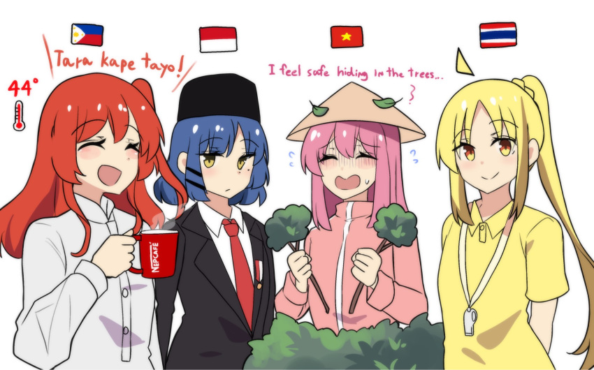 4girls :d ^_^ alternate_costume arms_behind_back badge black_necktie blonde_hair blue_hair bocchi_the_rock! branch brand_name_imitation business_suit closed_eyes coffee_mug commentary cup detached_ahoge dual_wielding duplicate english_commentary english_text eyes_visible_through_hair flag flying_sweatdrops formal gotou_hitori hair_between_eyes hair_ornament hairclip hat highres hinghoi holding holding_branch holding_cup ijichi_nijika indonesia jacket jingasa kita_ikuyo leaf logo_parody long_hair long_sleeves looking_at_viewer medium_hair mole mole_under_eye mug multiple_girls necktie nescafe one_side_up orange_eyes parted_bangs philippines pink_hair pink_jacket politics redhead shirt short_sleeves side_ponytail sidelocks smile songkok steam suit sweatdrop tagalog_text temperature thailand thermometer track_jacket translation_request turtleneck turtleneck_jacket vietnam whistle whistle_around_neck white_background white_shirt yamada_ryou yellow_eyes yellow_shirt zipper