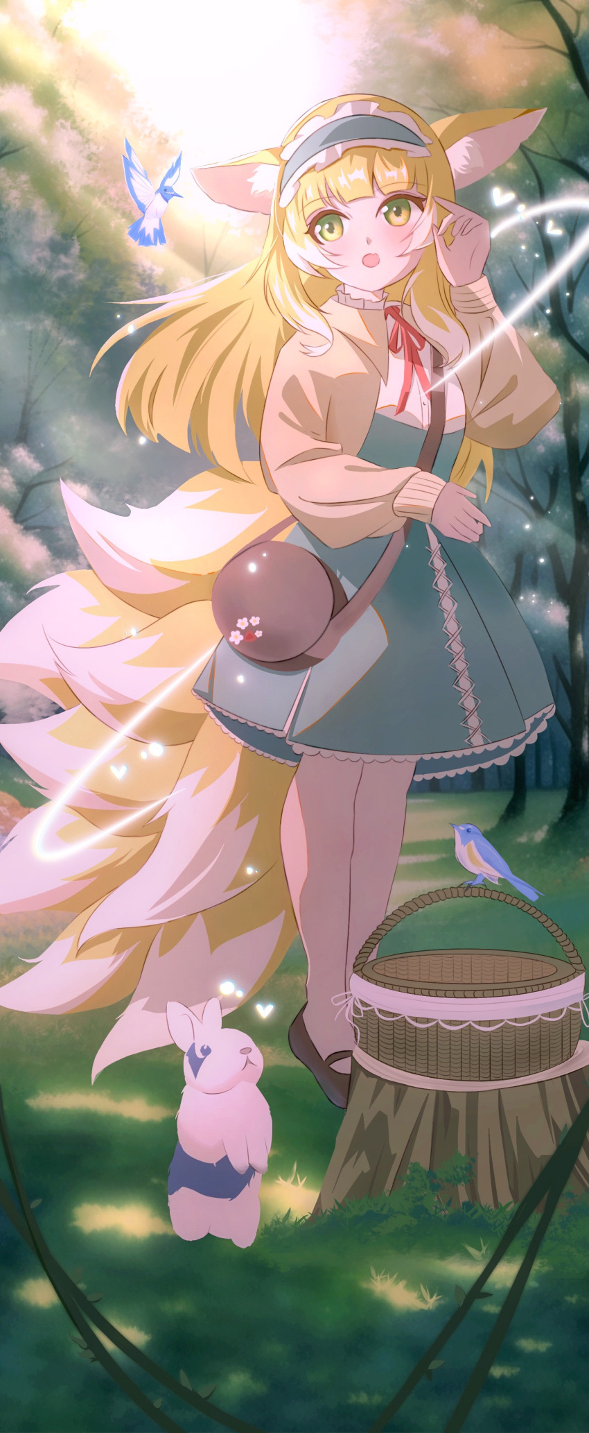 1girl absurdres animal animal_ears arknights bag basket bird black_footwear black_skirt blonde_hair blush brown_jacket commentary_request euzh266 fox_ears fox_girl fox_tail full_body grass green_eyes hand_up high-waist_skirt highres jacket kitsune long_hair long_sleeves multicolored_hair neck_ribbon open_clothes open_jacket open_mouth pantyhose puffy_long_sleeves puffy_sleeves rabbit red_ribbon ribbon shirt shoes shoulder_bag skirt solo suzuran_(arknights) suzuran_(spring_praise)_(arknights) tail tree tree_stump two-tone_hair very_long_hair white_hair white_pantyhose white_shirt