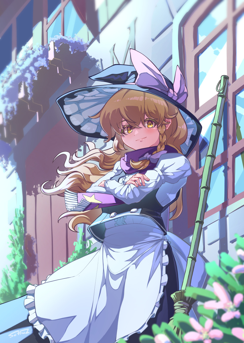 1girl absurdres apron braid broom crossed_arms hat highres kirisame_marisa light_brown_hair light_smile looking_at_viewer plant schnuz single_braid solo standing touhou window witch witch_hat yellow_eyes
