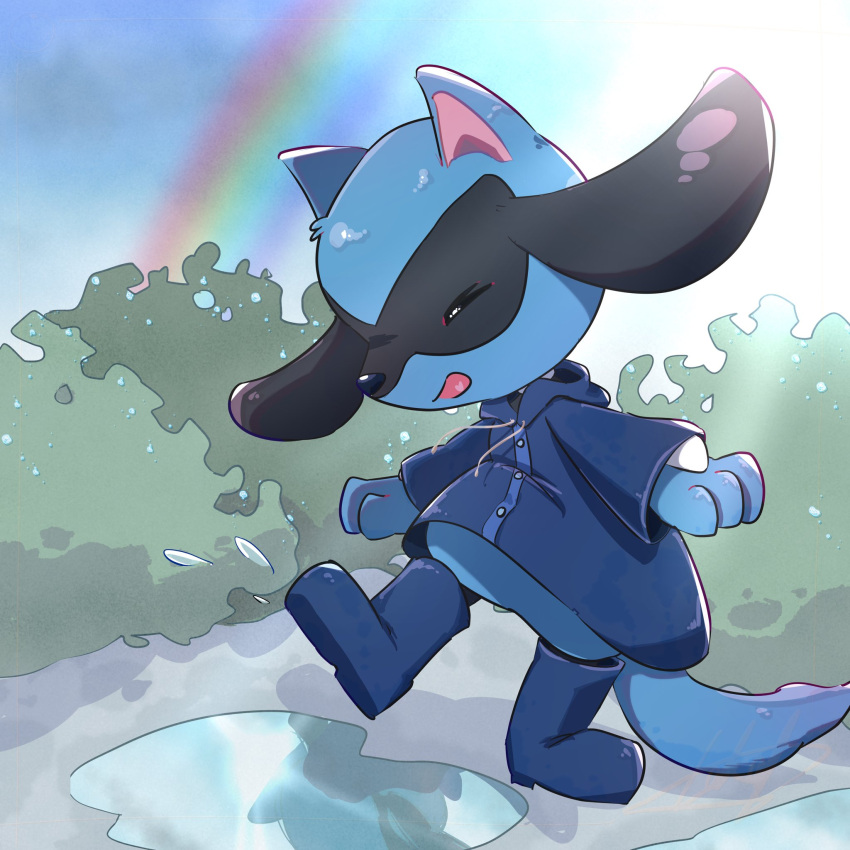 blue_footwear boots bush closed_eyes commentary_request day happy highres no_humans open_mouth outdoors pokemon pokemon_(creature) pond rainbow raincoat reflection riolu smile tail takap_oekaki