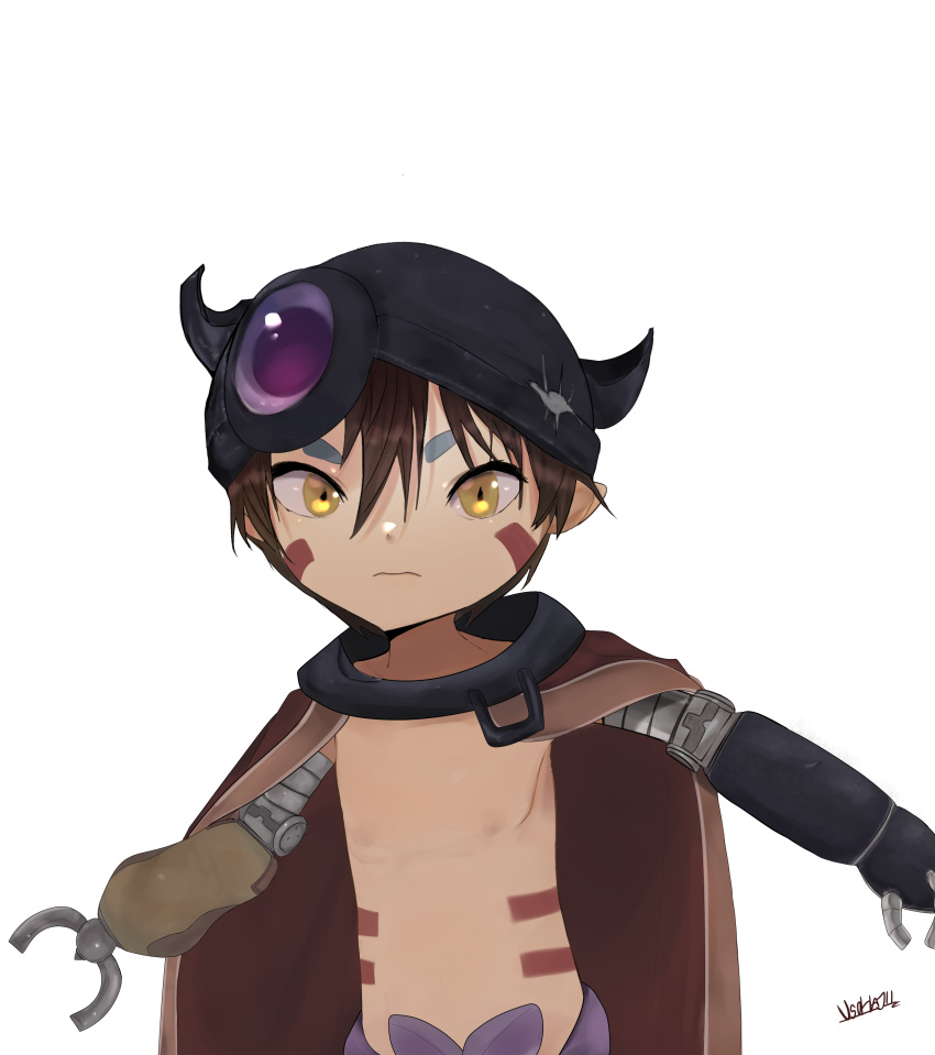 1boy absurdres brown_hair cape highres made_in_abyss prosthesis prosthetic_arm regu_(made_in_abyss) signature solo topless_male yellow_eyes