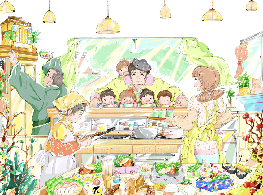 3girls 6+boys absurdres arms_up black_hair blunt_bangs bowl bread brown_hair cat child closed_eyes cooking curtains female_child food food_request from_behind frying_pan glasses grey_hair grey_headwear hat highres indoors kawatsu_yuuki leaf long_sleeves male_child medium_hair multiple_boys multiple_girls open_mouth original plant profile rice short_hair signature smile table twintails vase window
