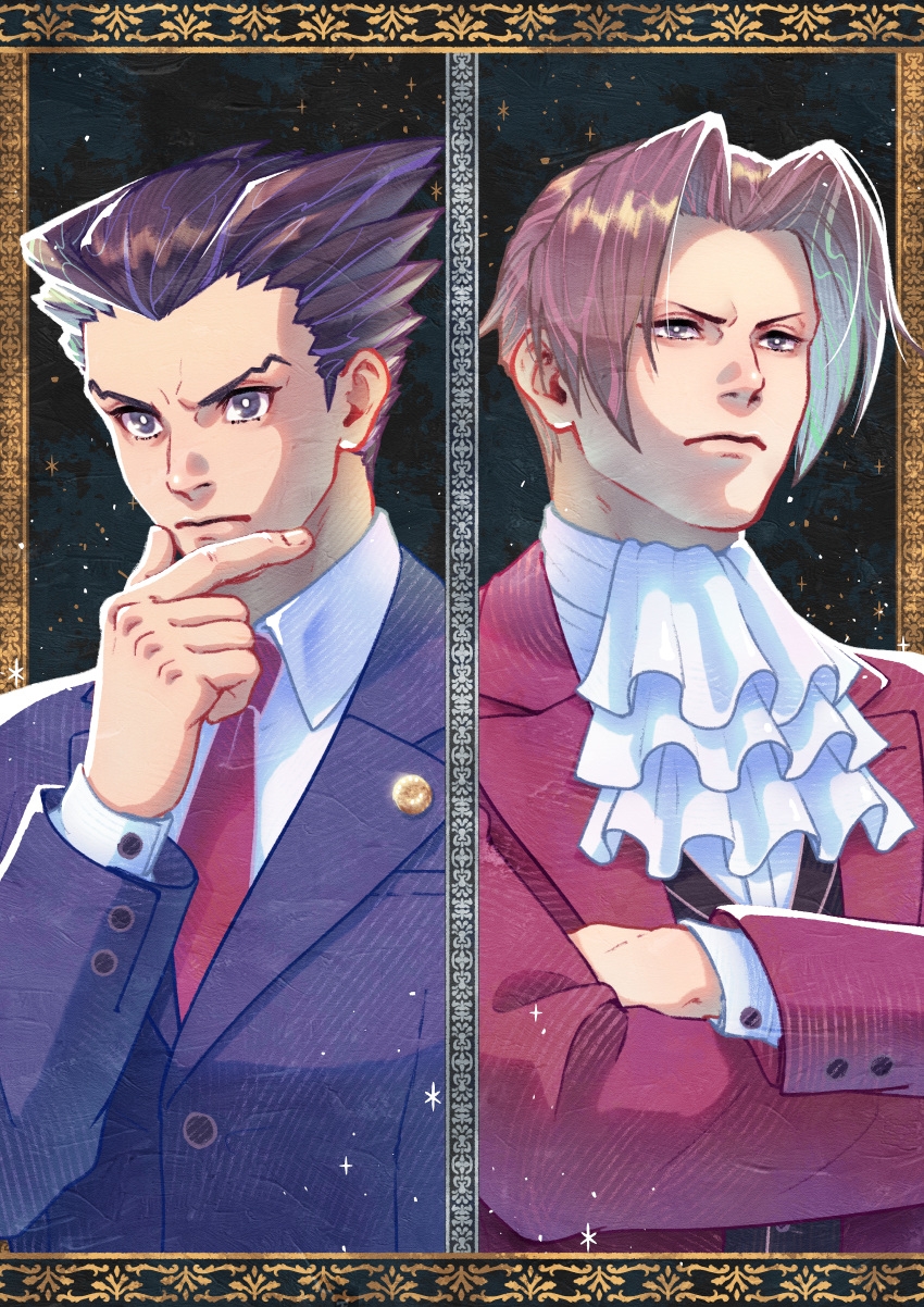 2boys absurdres ace_attorney ascot black_hair blue_eyes blue_jacket closed_mouth collared_shirt crossed_arms curtained_hair finger_to_own_chin formal furrowed_brow grey_eyes grey_hair hair_intakes hand_on_own_chin hasekou_g highres jacket long_sleeves male_focus miles_edgeworth multiple_boys necktie phoenix_wright red_jacket red_necktie shirt short_hair spiky_hair thinking upper_body white_shirt