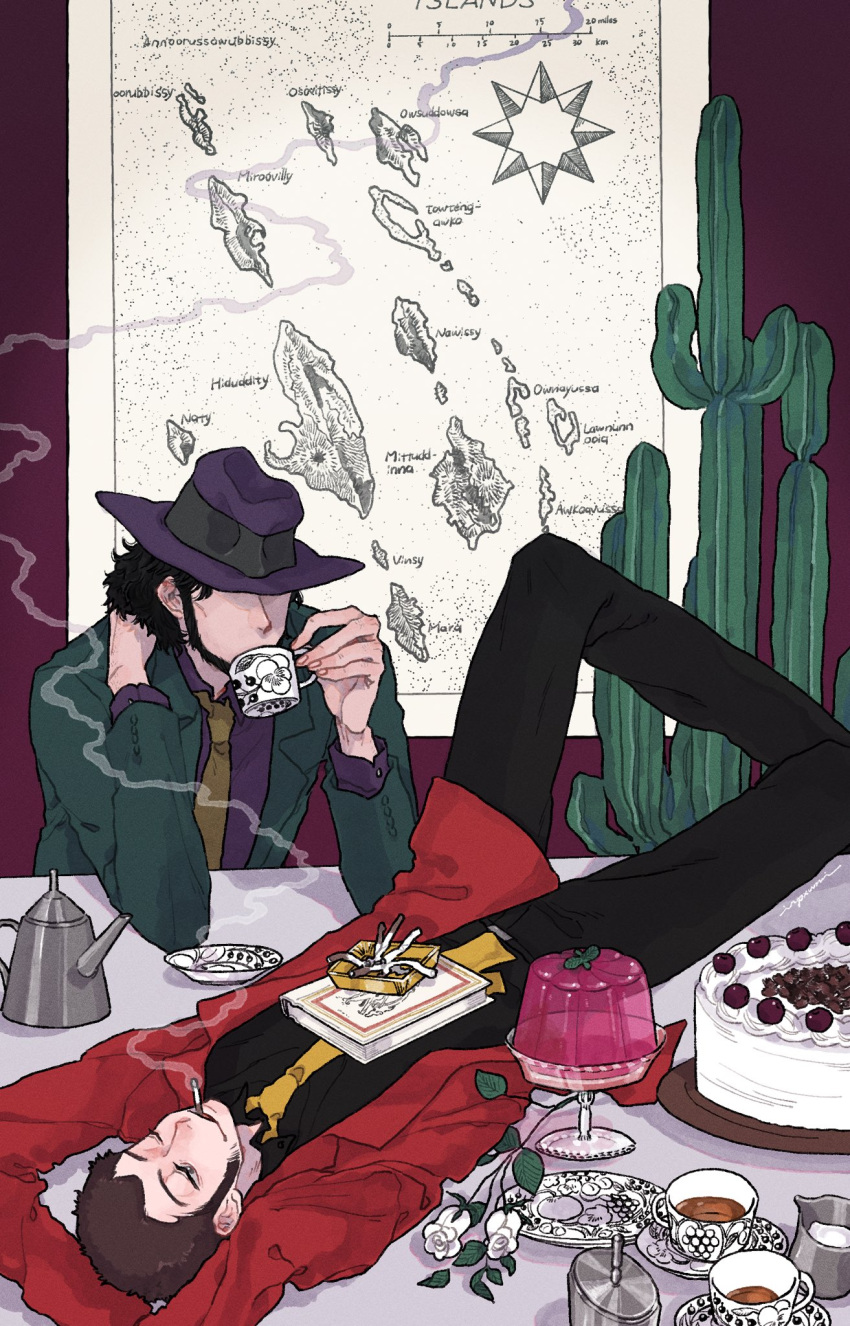 2boys arms_behind_head arsene_lupin_iii beard black_hair book brown_hair cactus cake cigarette commentary_request covered_eyes cup drinking facial_hair food gelatin hat highres holding holding_cup indoors jigen_daisuke lupin_iii lying male_focus map multiple_boys on_back one_eye_closed short_hair sideburns sitting smoke smoking table tea teacup urourooooo