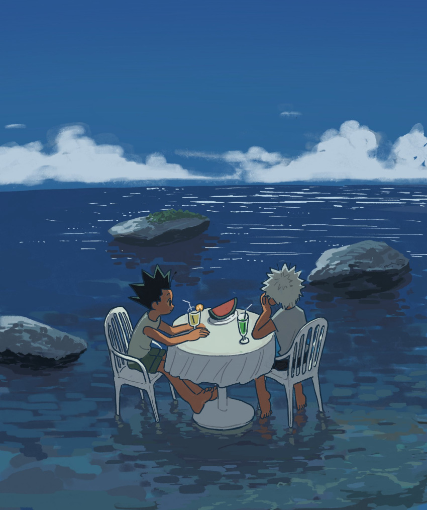 2boys 40599 barefoot black_hair black_shorts chair closed_mouth cup drink drinking_glass drinking_straw food fruit gon_freecss green_shorts hand_on_own_face highres horizon hunter_x_hunter killua_zoldyck looking_ahead looking_at_another male_child male_focus multiple_boys ocean shirt short_hair shorts sitting smile spiky_hair table watermelon watermelon_slice white_hair white_shirt