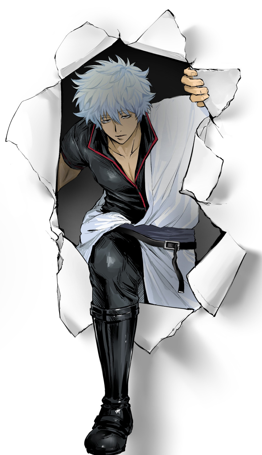 1boy absurdres belt belt_buckle black_belt black_boots black_pants black_shirt boots buckle closed_mouth collarbone crack fourth_wall gintama gintoki_ful hadanugi_dousa hair_between_eyes half-closed_eyes highres hole japanese_clothes kimono knee_boots looking_at_viewer male_focus messy_hair pants pectoral_cleavage pectorals popped_collar red_eyes sakata_gintoki shadow shirt short_hair short_sleeves simple_background solo through_wall white_background white_hair white_kimono