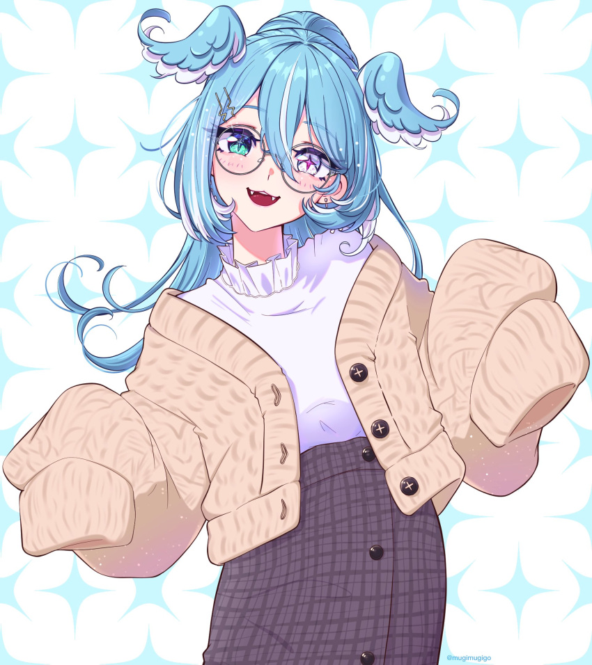 1girl blue_eyes blue_hair blue_wings blush brown_cardigan brown_skirt butterfly_earrings buttons cardigan checkered_clothes checkered_skirt collar earrings elira_pendora fangs frilled_collar frills glasses hair_between_eyes head_wings heterochromia high_ponytail highres jewelry long_hair long_skirt long_sleeves looking_at_viewer mugimugigo multicolored_hair nijisanji nijisanji_en official_alternate_costume official_alternate_hairstyle open_mouth round_eyewear shirt_tucked_in simple_background skirt sleeves_past_fingers sleeves_past_wrists smile solo sweater violet_eyes virtual_youtuber white_hair white_sweater wings