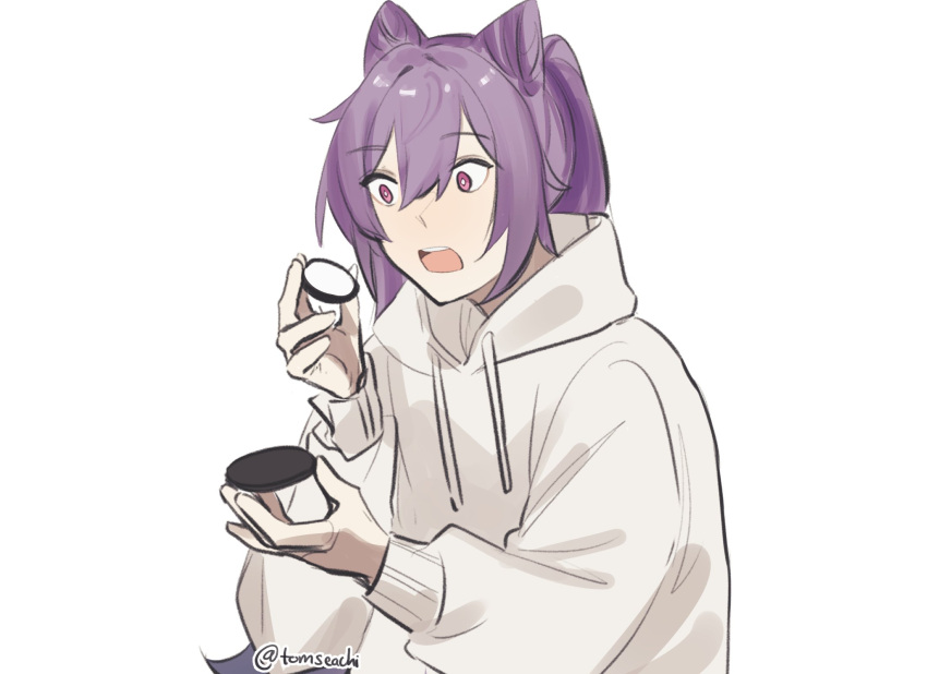 1girl commentary cone_hair_bun food genshin_impact hair_bun highres holding holding_food hood hoodie keqing_(genshin_impact) long_hair long_sleeves looking_at_food open_mouth oreo purple_hair sidelocks simple_background solo surprised tomseachi twitter_username violet_eyes white_background white_hoodie