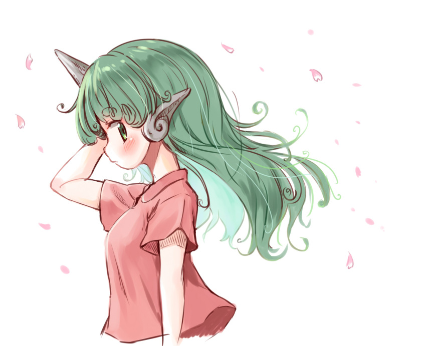 1girl arinu blush closed_mouth from_side green_eyes green_hair horns komano_aunn long_hair petals pink_shirt profile shirt short_sleeves simple_background single_horn solo touhou upper_body white_background