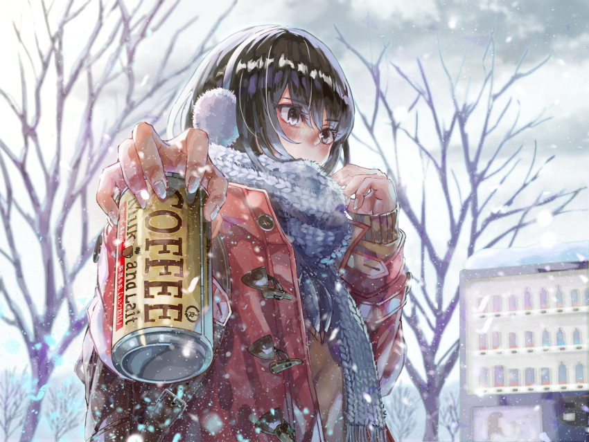 1girl absurdres bare_tree black_hair blue_eyes blush cable_knit can canned_coffee clouds cloudy_sky coat commentary_request duffel_coat earmuffs fingernails highres incoming_drink long_fingernails looking_away nervous original outdoors revision sakura_inu_(itoyatomo) scarf sky sleeves_past_wrists snow snowing solo tree vending_machine winter winter_clothes winter_coat