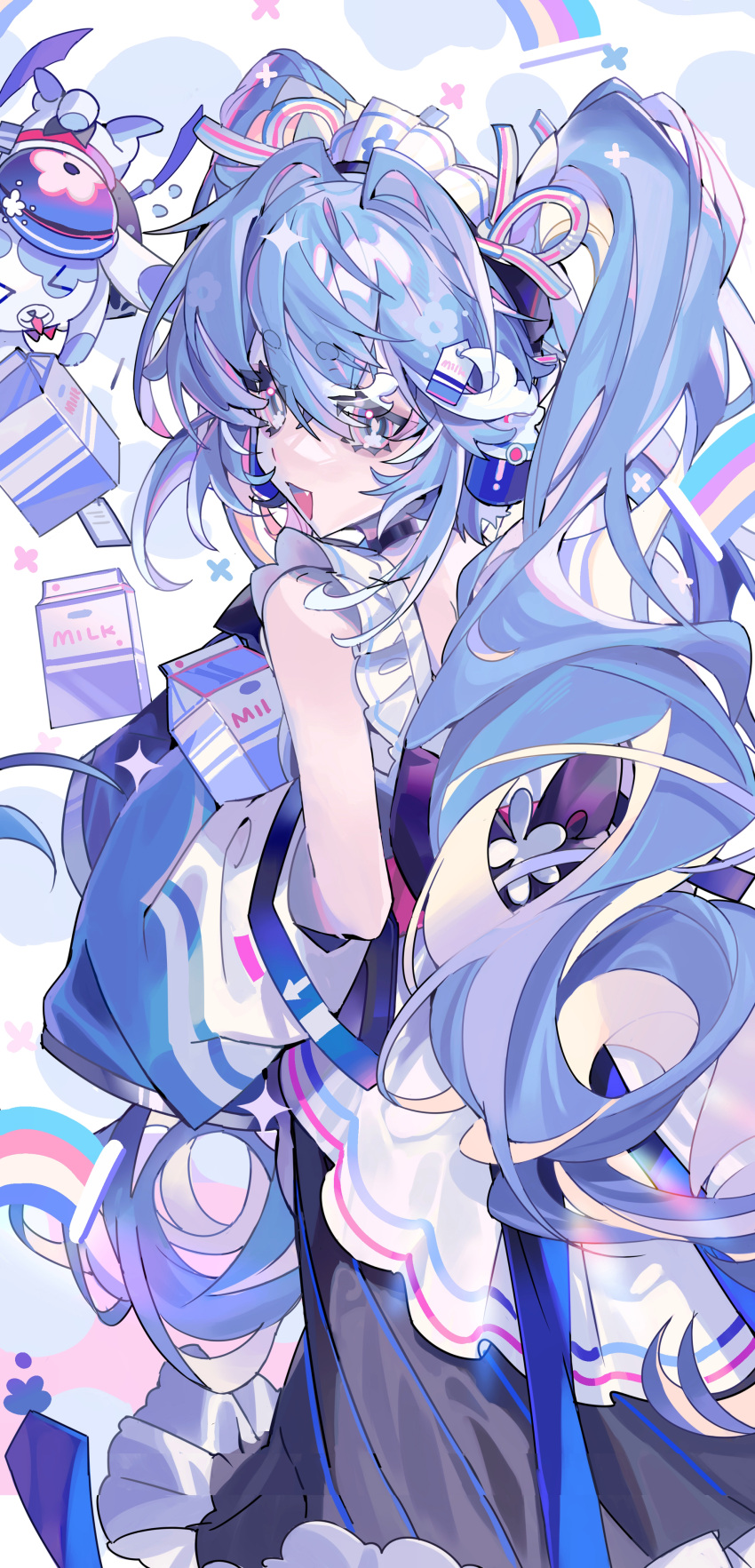 1girl absurdres animal blue_eyes blue_hair borrowed_design bow fang hair_bow hatsune_miku highres light_blue_hair long_hair looking_at_viewer looking_back milk milk_carton multicolored_eyes open_mouth pastel_colors pink_eyes rabbit rabbit_yukine sketch smile solo taowu_(20809) twintails vocaloid yuki_miku