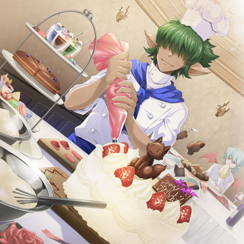 3boys ash_(pop'n_music) bat_(animal) blueberry brown_gloves cake cake_slice candy chef chef_hat chocolate cooking cream_puff cup cupcake demon_wings dessert drinking_glass fang flower food fork fruit gloves green_hair grin hair_between_eyes hair_over_eyes happy_birthday hat highres holding holding_fork icing invisible jelly_bean knife macaron male_focus monochromupopu multiple_boys napkin pastry pointy_ears pop'n_music red_flower red_ribbon red_rose ribbon rose short_hair smile smile_(pop'n_music) solo_focus strawberry strawberry_shortcake table vampire werewolf whisk wine_glass wings yuli_(pop'n_music)