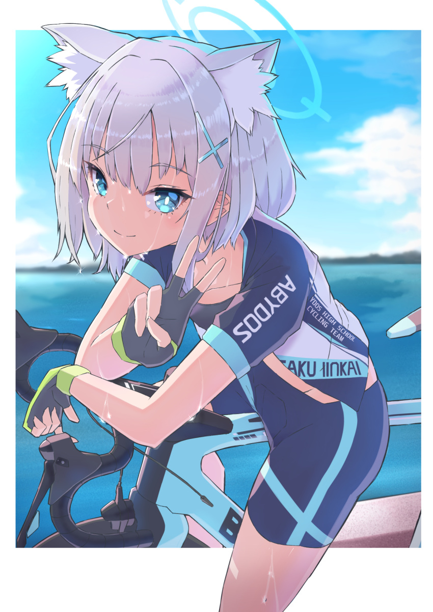 1girl animal_ears bicycle bike_jersey bike_shorts blue_archive blue_eyes blue_sky border check_commentary clouds collarbone commentary commentary_request day eyelashes fingerless_gloves fox_ears glint gloves ground_vehicle hair_between_eyes hair_ornament hairclip halo handlebar highres horizon leaning_forward looking_at_viewer outdoors shiroko_(blue_archive) short_sleeves sidelocks sky smile sparkle strail_cycleman sweat thighs v water wet wet_hair white_border white_hair