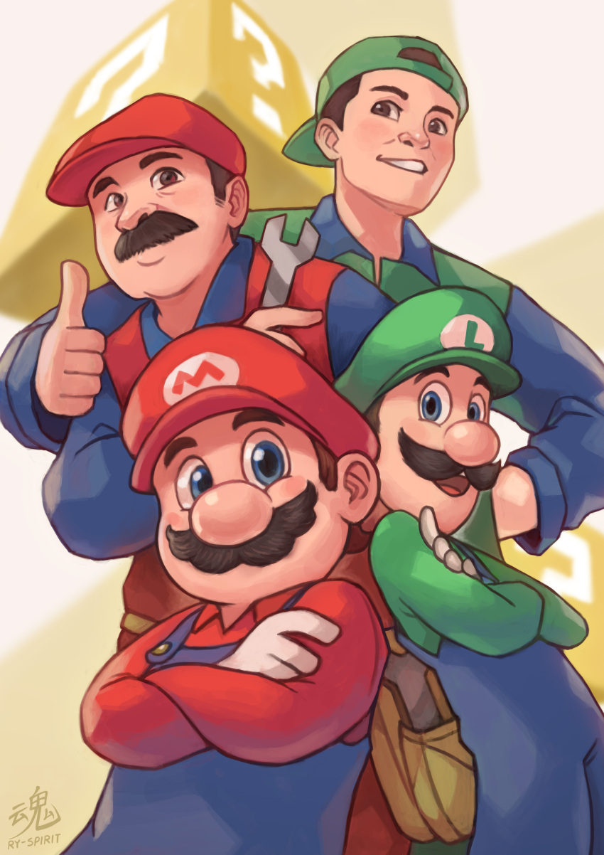 4boys absurdres blue_eyes brown_hair dual_persona facial_hair gloves green_headwear highres holding holding_wrench looking_at_viewer luigi male_focus mario multiple_boys mustache overalls red_headwear ry-spirit super_mario_bros. super_mario_bros._(1993_film) the_super_mario_bros._movie thumbs_up white_gloves wrench