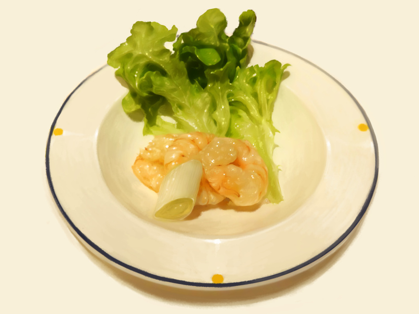 absurdres bcd food food_focus highres no_humans original photorealistic plate realistic shadow shrimp simple_background vegetable white_background