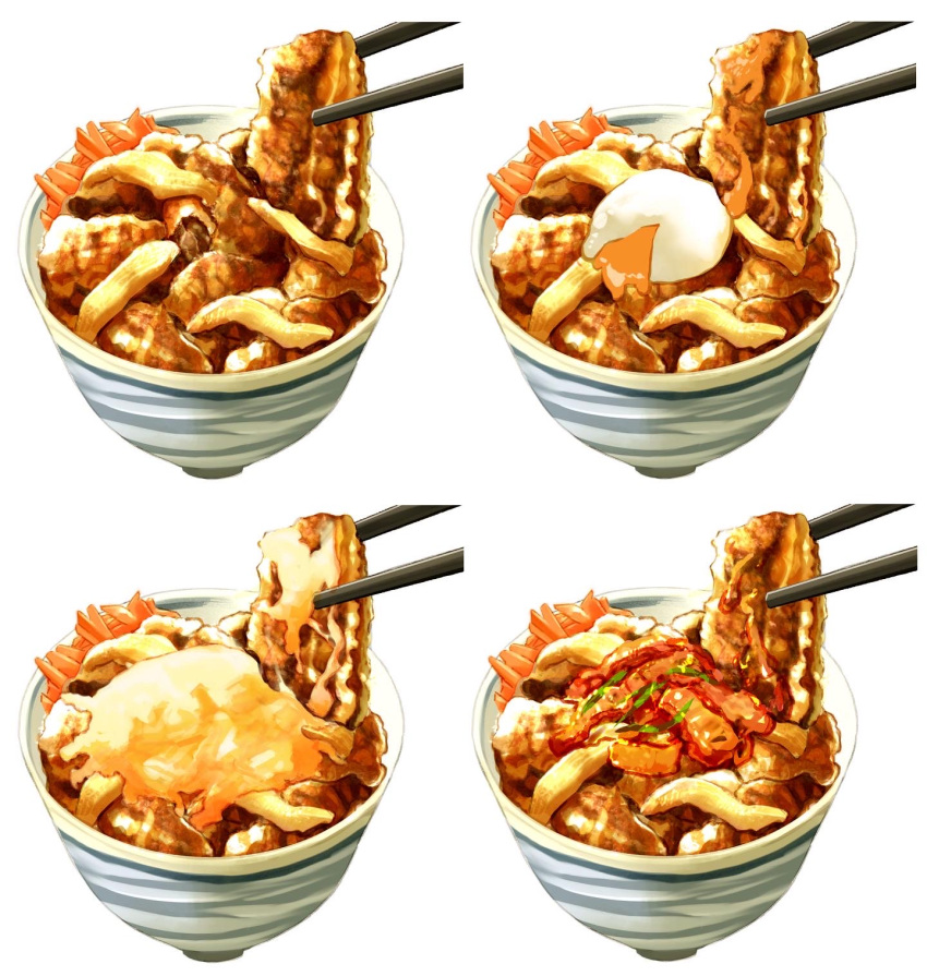 bowl chopsticks food food_focus gyuudon highres multiple_views no_humans noodles oikawa_2301 original simple_background still_life white_background