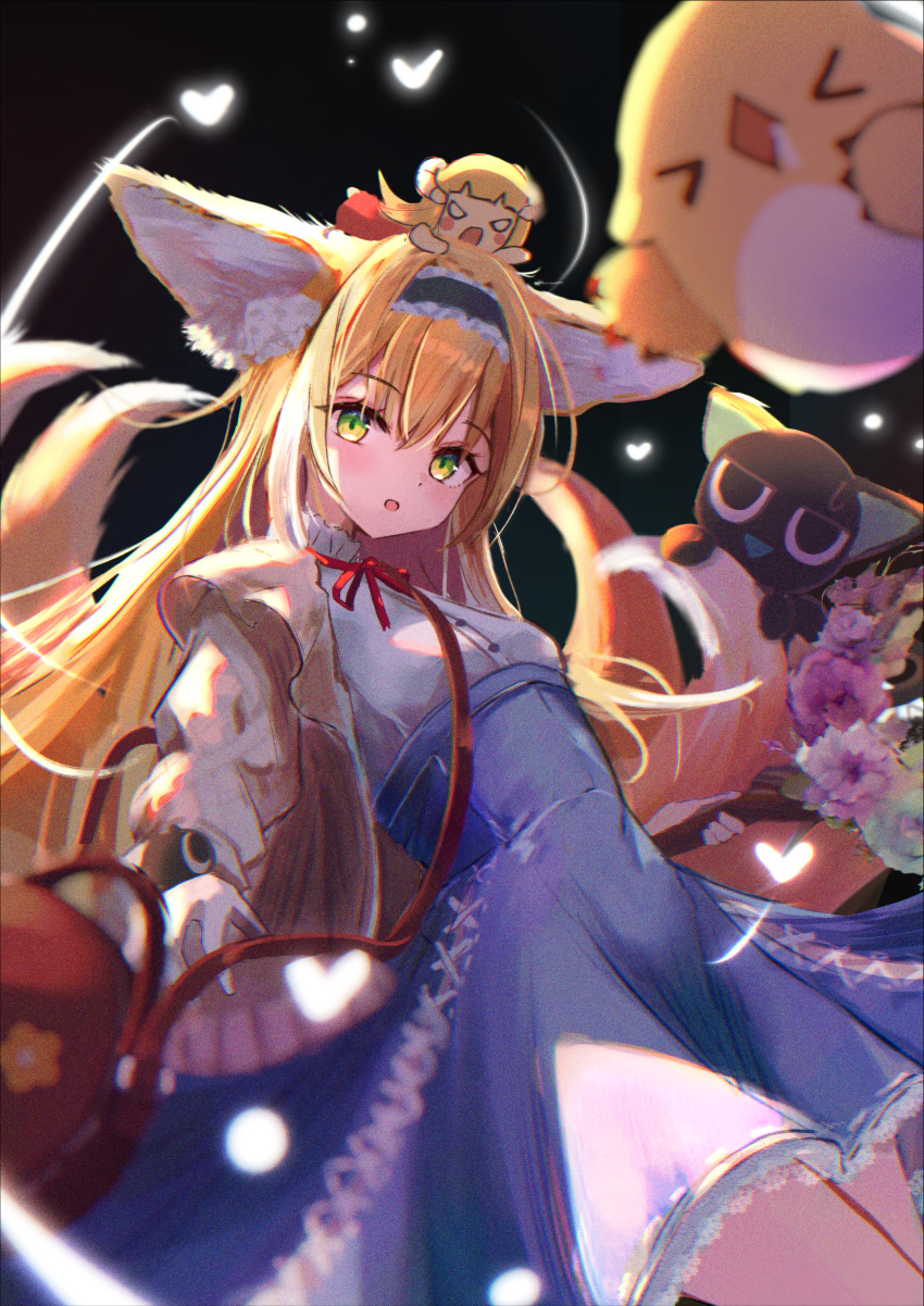 &gt;_&lt; 2girls :o absurdres animal animal_ears arknights bag black_background black_cat black_hairband blonde_hair blue_skirt breasts brown_jacket cat character_request closed_eyes commentary_request crossover fox_ears fox_girl fox_tail frilled_hairband frills green_eyes hair_between_eyes hairband heart heixiu high-waist_skirt highres jacket long_hair long_sleeves looking_at_viewer luoxiaohei multiple_girls neck_ribbon open_clothes open_jacket parted_lips puffy_long_sleeves puffy_sleeves red_ribbon ribbon shoulder_bag skirt small_breasts sore_watasino suzuran_(arknights) suzuran_(spring_praise)_(arknights) tail the_legend_of_luo_xiaohei very_long_hair