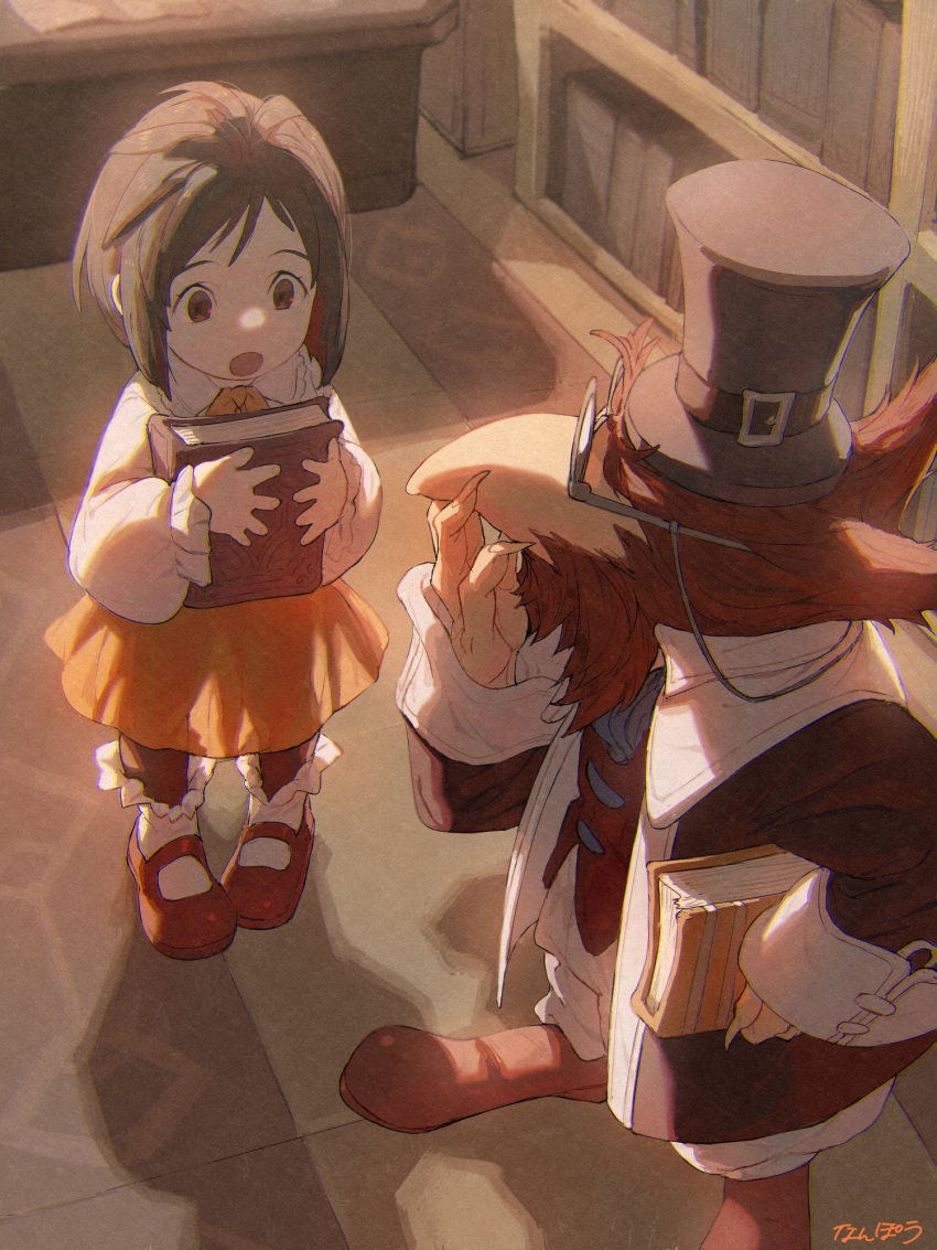 1boy 1girl aged_down ascot beak bird_boy black_hair black_headwear blue_ascot book book_stack boots brown_eyes brown_robe claws collared_shirt doctor_tot feathers female_child final_fantasy final_fantasy_ix frilled_socks frills from_above full_body garnet_til_alexandros_xvii glasses hand_on_own_face hat hat_belt highres holding holding_book library long_sleeves looking_at_another mary_janes nanpou_(nanpou0021) neck_ribbon open_mouth orange_skirt pants puffy_long_sleeves puffy_sleeves red_feathers red_footwear ribbon robe shirt shoes short_hair skirt socks top_hat white_pants white_shirt white_socks yellow_ribbon