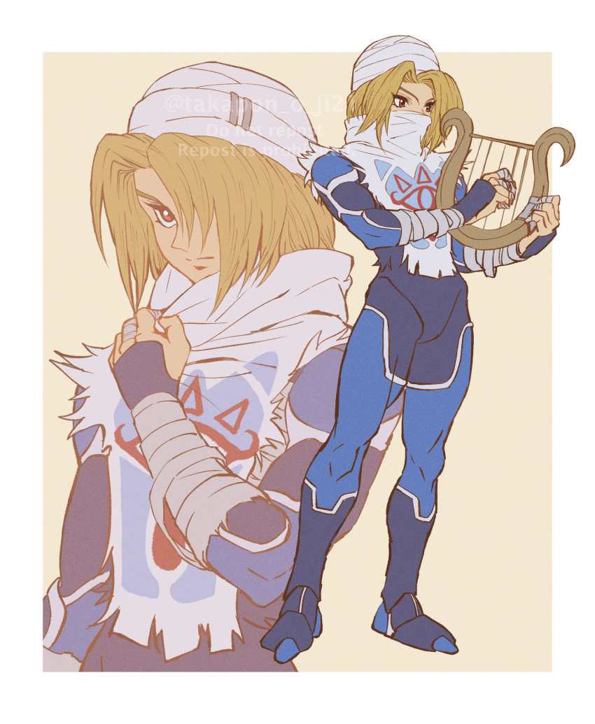 1girl adjusting_scarf bandaged_arm bandages blonde_hair border full_body highres holding holding_instrument instrument medium_hair multiple_views music parted_bangs playing_instrument red_eyes reverse_trap scarf sheik skin_tight standing takapon-o-ji the_legend_of_zelda the_legend_of_zelda:_ocarina_of_time twitter_username upper_body white_border white_headwear white_scarf