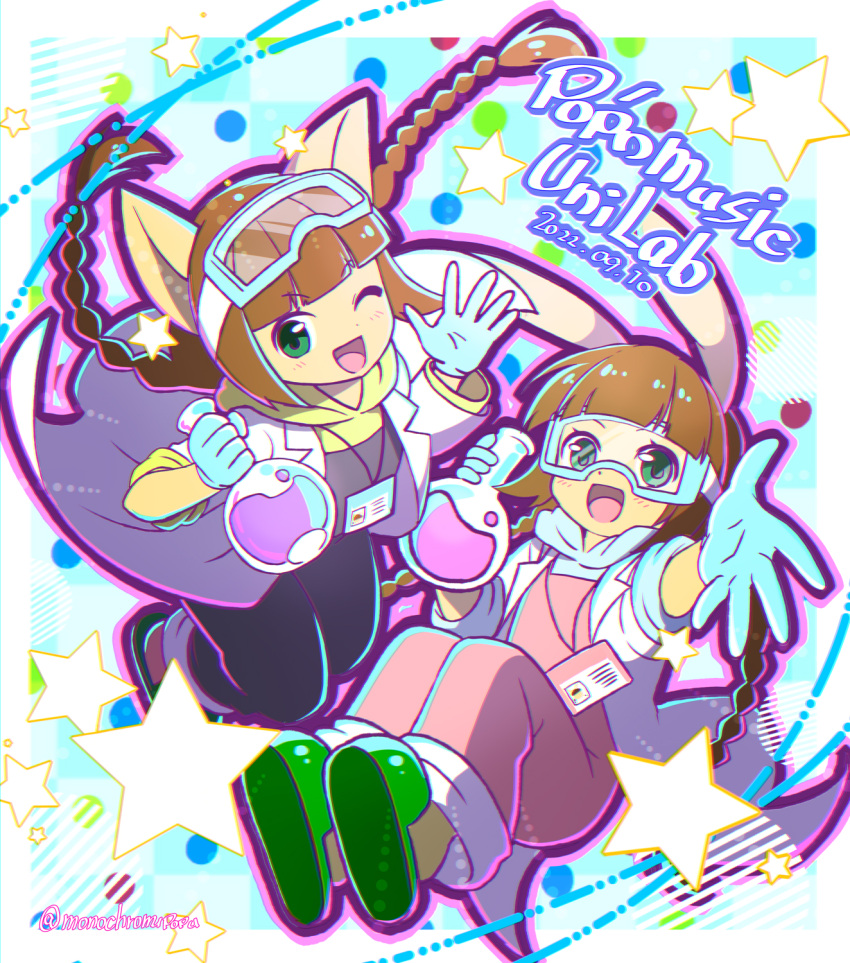 2girls animal_ears blue_gloves blunt_bangs blush braid brown_hair cat_ears cat_girl chemistry copyright_name dated flask furry gloves goggles goggles_on_head green_eyes green_footwear highres holding holding_flask hood labcoat long_hair mimi_(pop'n_music) monochromupopu multiple_girls name_tag nyami_(pop'n_music) one_eye_closed open_mouth pop'n_music rabbit_ears rabbit_girl reaching_towards_viewer round-bottom_flask slippers star_(symbol) twin_braids twitter_username yellow_hood