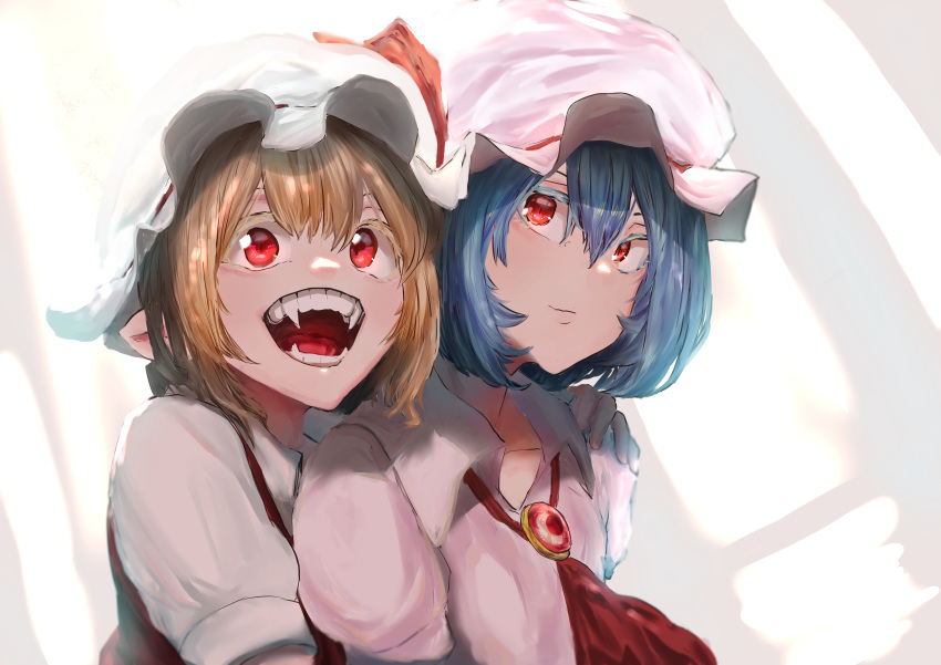 2girls absurdres ascot blonde_hair blue_hair breasts brooch closed_mouth collared_shirt fangs flandre_scarlet hair_between_eyes hand_on_another's_shoulder hat highres jewelry medium_hair mob_cap multiple_girls open_mouth pink_headwear pink_shirt pointy_ears puffy_short_sleeves puffy_sleeves red_ascot red_brooch red_eyes red_vest remilia_scarlet shirt short_hair short_sleeves simple_background small_breasts sotatsudraw teeth touhou upper_body vampire vest white_background white_headwear white_shirt