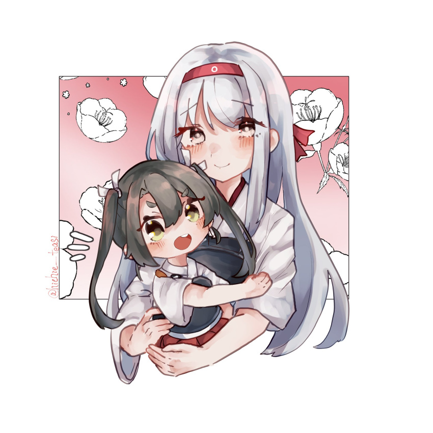 2girls aged_down black_hair blush brown_eyes carrying cropped_torso flower green_eyes grey_hair hair_between_eyes hair_ribbon hakama hakama_skirt headband highres japanese_clothes kantai_collection long_hair mattan_kanpa multiple_girls muneate open_mouth red_hakama red_headband ribbon shoukaku_(kancolle) simple_background skirt smile teeth twintails twitter_username upper_teeth_only white_ribbon zuikaku_(kancolle)