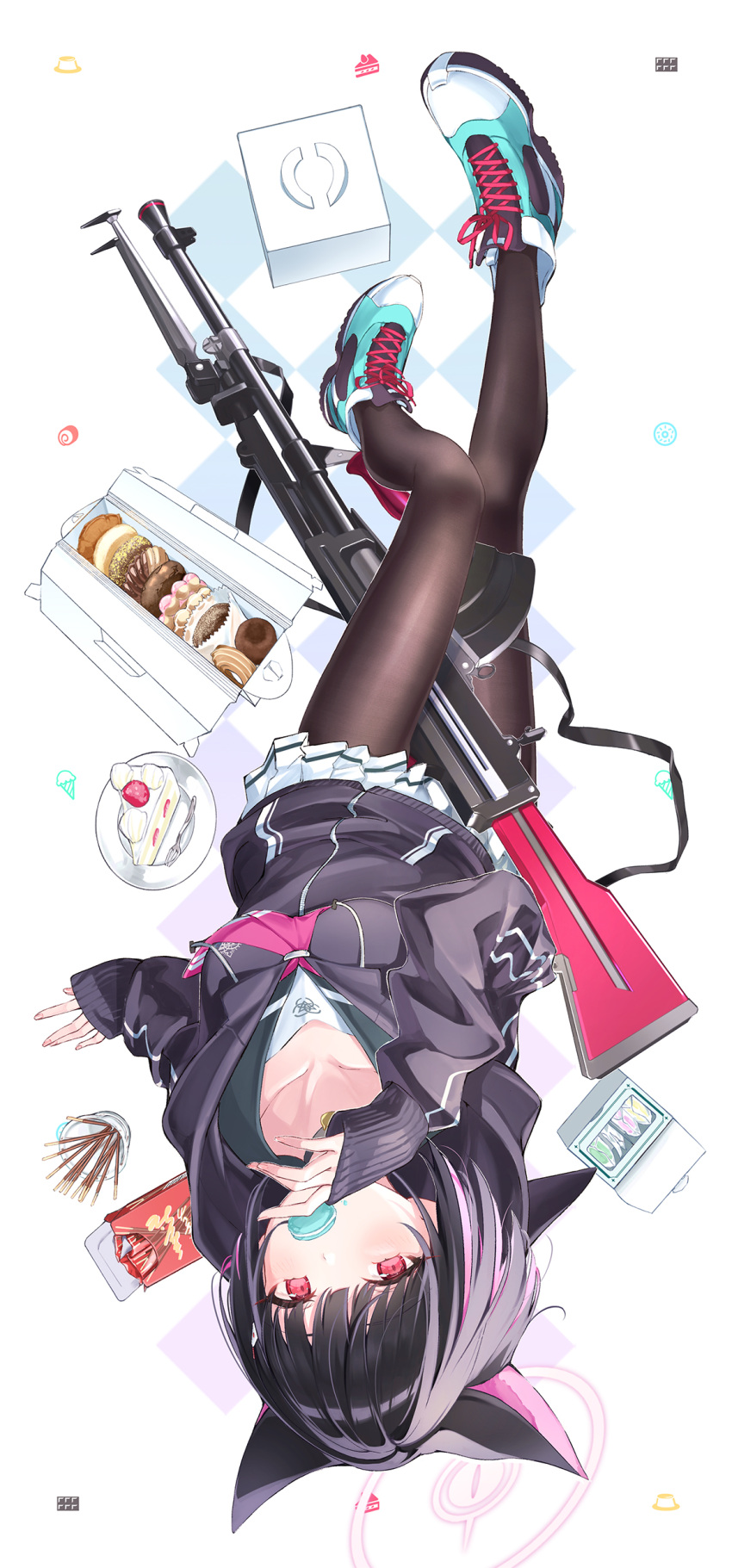 1girl absurdres animal_ears black_hair blue_archive cake cat_ears dice_gt eating food gun halo highres hood hooded_jacket jacket kazusa_(blue_archive) macaron pantyhose pink_hair pleated_skirt pocky red_eyes rifle sailor_collar shoes skirt sneakers strawberry_shortcake upside-down weapon