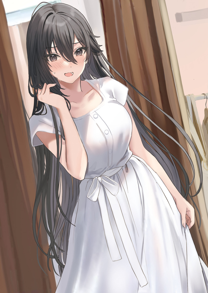 1girl :d black_eyes black_hair blush breasts changing_room collarbone curtains dress hair_between_eyes hamu_(plot_sy) hand_in_own_hair highres indoors long_hair looking_at_viewer medium_breasts non-web_source open_mouth original short_sleeves smile solo standing very_long_hair white_dress