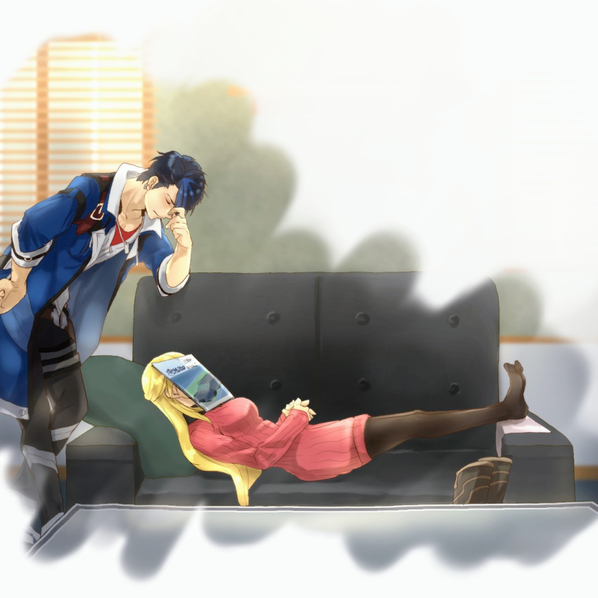 1boy 1girl agnes_claudel boots coat couch dog_tags eiyuu_densetsu facepalm hand_on_own_hip indoors kuro_no_kiseki lying mikamikiseki multicolored_hair pillow sweater table thigh-highs two-tone_hair van_arkride