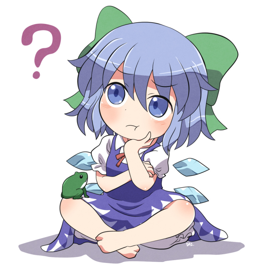 1girl ? animal barefoot blue_dress blue_eyes blue_hair blush bow cirno closed_mouth collared_shirt detached_wings dress fairy frog green_bow hair_between_eyes hair_bow ice ice_wings indian_style pinafore_dress puffy_short_sleeves puffy_sleeves rokugou_daisuke shirt short_hair short_sleeves signature simple_background sitting sleeveless sleeveless_dress solo touhou white_background white_shirt wings