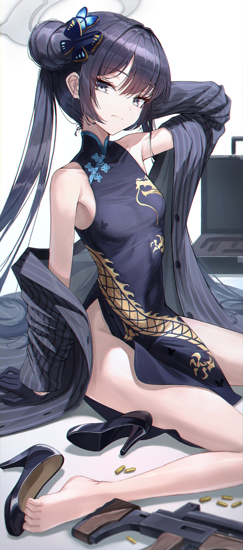 1girl absurdres bare_legs barefoot black_dress black_footwear black_gloves black_hair blue_archive breasts butterfly_hair_ornament china_dress chinese_clothes covered_navel double_bun dragon_print dress gloves grey_eyes hair_bun hair_ornament halo high_heels highres jacket k0a kisaki_(blue_archive) long_hair looking_at_viewer pelvic_curtain pinstripe_jacket pinstripe_pattern print_dress pumps shoes shoes_removed short_dress side_slit sleeveless sleeveless_dress small_breasts solo striped striped_jacket twintails vertical-striped_coat vertical-striped_jacket vertical_stripes white_background