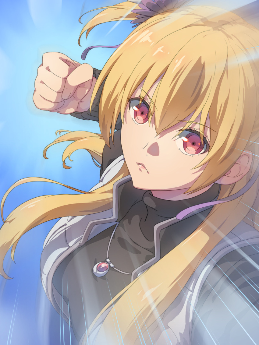1girl alisa_reinford blonde_hair chiharu_(9654784) eiyuu_densetsu flower hair_flower hair_ornament highres incoming_attack incoming_punch jacket jewelry long_hair looking_at_viewer necklace punching raised_fist red_eyes sen_no_kiseki solo twintails
