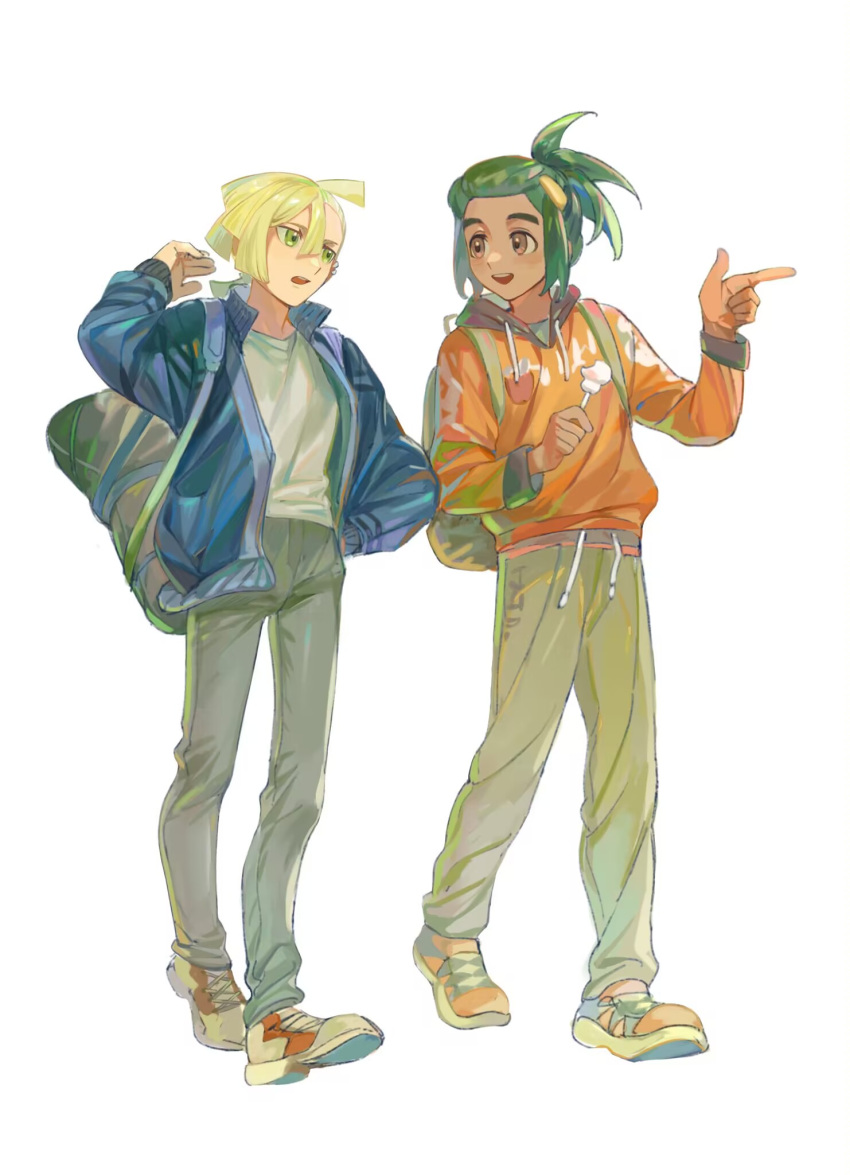 2boys :d ahoge alternate_costume bag blonde_hair brown_eyes commentary_request gladion_(pokemon) green_eyes green_hair hair_between_eyes hau_(pokemon) highres holding hood hood_down jacket male_focus multiple_boys open_clothes open_jacket open_mouth pants pointing pokemon pokemon_(game) pokemon_sm s67569077 shirt shoes short_hair short_ponytail smile sneakers tassel teeth upper_teeth_only