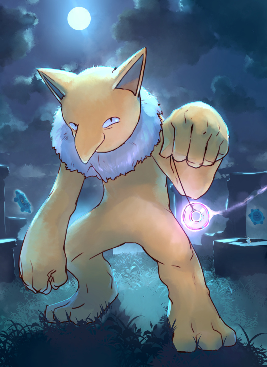 black_eyes bronzor commentary_request full_body glowing grass highres holding holding_string hypno looking_at_viewer moon night outdoors p!k@ru pendulum pokemon pokemon_(creature) sky standing string