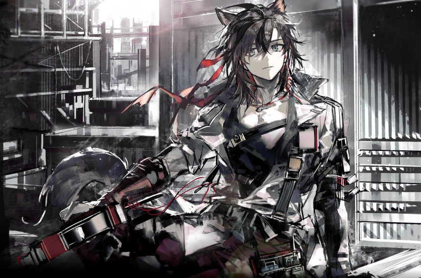 1boy absurdres animal_ears arknights black_shirt blue_eyes brown_hair cable cat_boy cat_ears cat_tail chest_strap cityscape closed_mouth highres jacket jewelry looking_at_viewer male_focus medium_hair multicolored_hair necklace pouch remsrar scaffolding shirt solo stainless_(arknights) streaked_hair tail white_jacket