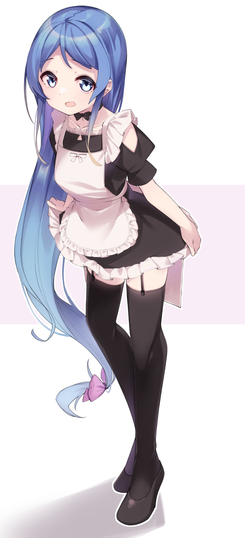 1girl absurdres alternate_costume apron black_dress black_footwear black_thighhighs blue_eyes blue_hair blush dress enmaided frilled_apron frilled_dress frills full_body garter_straps highres kantai_collection long_hair looking_at_viewer maid maid_apron open_mouth puffy_short_sleeves puffy_sleeves samidare_(kancolle) shoes short_sleeves solo thigh-highs two-tone_background uut white_apron