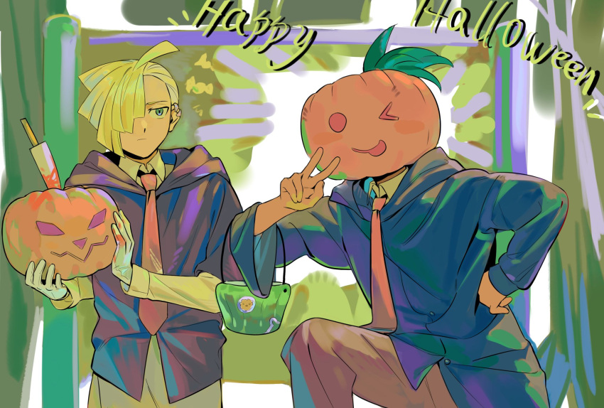 &gt;_o 2boys ahoge alternate_costume blonde_hair brown_pants closed_mouth collared_shirt commentary_request ear_piercing gladion_(pokemon) gloves green_eyes hair_over_one_eye halloween hand_on_own_hip hand_up happy_halloween hau_(pokemon) highres holding jack-o'-lantern knife looking_at_viewer male_focus multiple_boys necktie one_eye_closed orange_necktie pants piercing pokemon pokemon_(game) pokemon_sm s67569077 shirt short_hair v