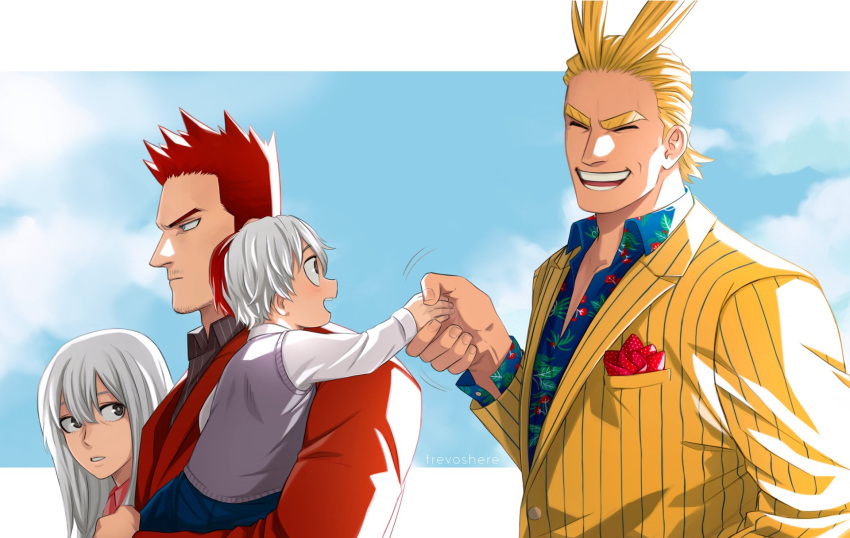 1girl 3boys :d aged_down all_might black_shirt blonde_hair blue_pants blue_shirt boku_no_hero_academia carrying carrying_person child collared_shirt day endeavor_(boku_no_hero_academia) facial_hair family father_and_son from_side grey_hair grey_vest highres holding_hands jacket long_hair mother_and_son multicolored_hair multiple_boys open_mouth outdoors pants parted_lips profile red_jacket redhead shirt short_hair smile split-color_hair striped striped_jacket striped_shirt stubble teeth todoroki_rei todoroki_shouto trevo_(trevoshere) two-tone_hair upper_teeth_only vest yellow_jacket