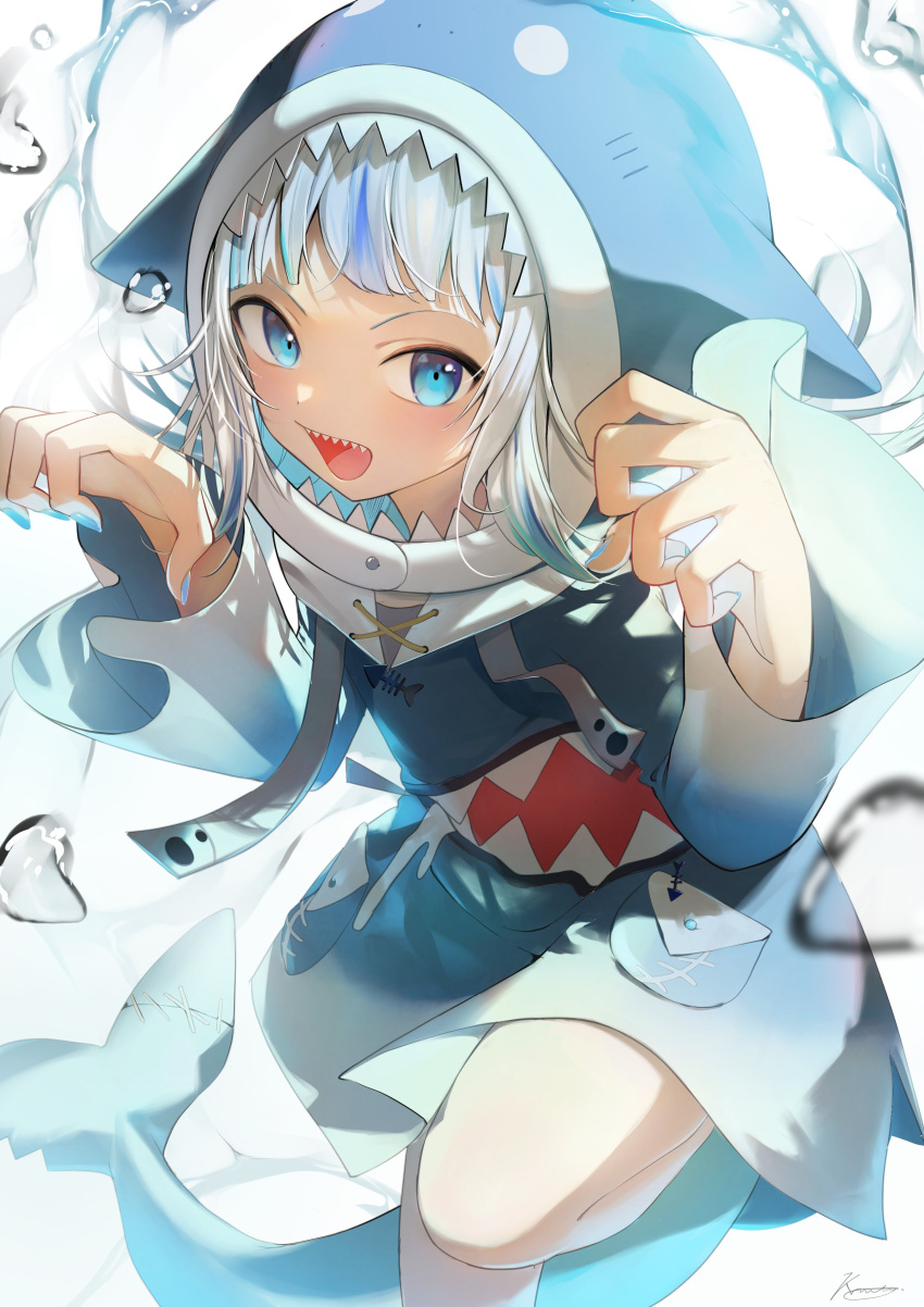 1girl :d absurdres animal_hood blue_eyes blue_hoodie blue_nails fins fish_tail gawr_gura highres hololive hololive_english hood hoodie kamatoyu looking_at_viewer multicolored_hair nail_polish open_mouth paw_pose shark_girl shark_hood shark_tail sharp_teeth short_hair simple_background smile solo streaked_hair tail teeth virtual_youtuber white_background white_hair
