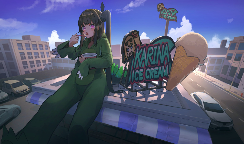 1girl alternate_costume animal_costume architect_(girls'_frontline) black_hair bucket car commission dragon_costume eating food giant giantess girls_frontline hanabusaraleigh highres holding holding_spoon ice_cream ice_cream_cone kalina_(girls'_frontline) long_hair looking_at_viewer motor_vehicle open_mouth outdoors sangvis_ferri second-party_source side_ponytail sitting solo spoon violet_eyes