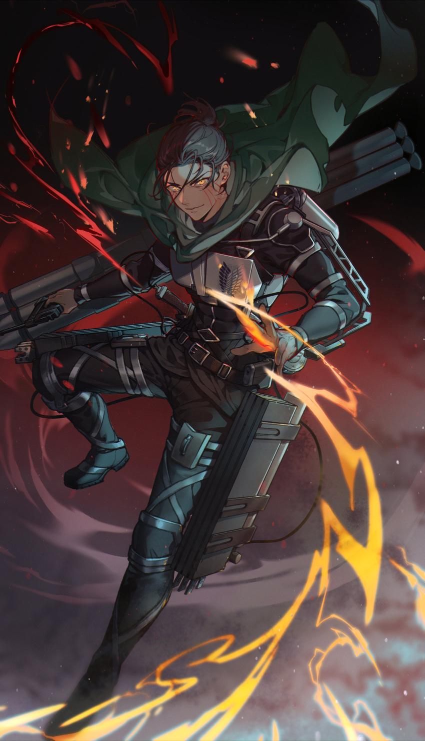 1boy absurdres belt black_background cape dynamic_pose eren_yeager facial_mark floating_cape floating_hair full_body green_cape grfaott harness highres holding holding_weapon long_sleeves male_focus official_alternate_hairstyle red_background shingeki_no_kyojin short_hair short_ponytail simple_background smile solo survey_corps_(emblem) thigh_strap three-dimensional_maneuver_gear two-tone_background v-shaped_eyebrows weapon wire yellow_eyes