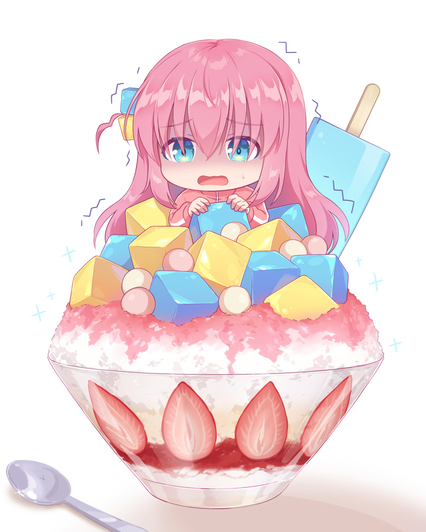 1girl absurdres blue_eyes bocchi_the_rock! chibi commentary_request cube_hair_ornament food fruit gotou_hitori hair_between_eyes hair_ornament highres in_food jacket kaoling long_hair long_sleeves minigirl open_mouth pink_hair pink_jacket popsicle shaved_ice simple_background solo spoon strawberry track_jacket trembling turn_pale very_long_hair wavy_mouth white_background