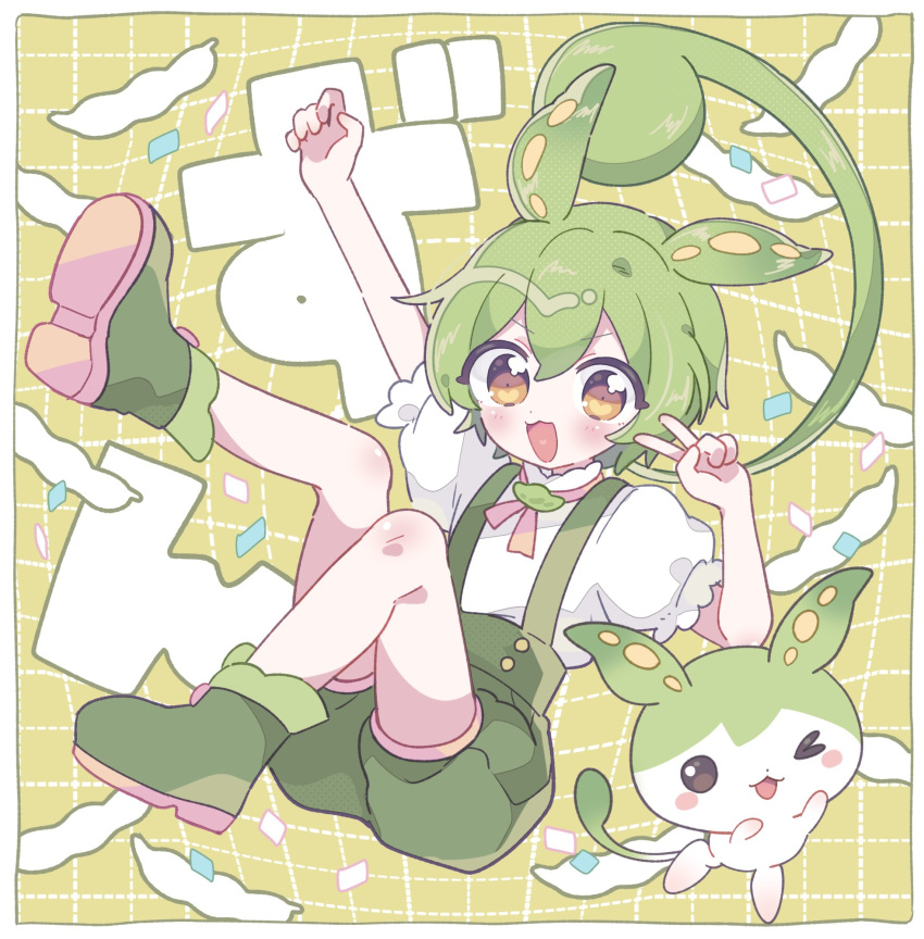 1girl :3 aeruusa arm_up boots commentary creature_and_personification edamame_(food) green_footwear green_hair green_shorts green_suspenders hair_between_eyes hand_up highres leg_up looking_at_viewer one_eye_closed open_mouth orange_eyes puffy_short_sleeves puffy_shorts puffy_sleeves shirt short_sleeves shorts v voiceroid voicevox white_shirt zundamon