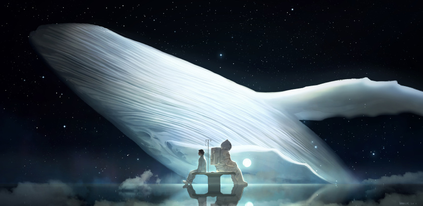 1boy 1other artist_name astronaut back-to-back black_hair clouds commentary dated flying_whale full_moon han_yijie highres horizon intravenous_drip iv_stand long_sleeves male_focus moon night night_sky original pants reflective_floor scenery shirt short_hair sitting sky space_helmet spacesuit star_(sky) starry_sky surreal symbol-only_commentary whale white_footwear white_pants white_shirt
