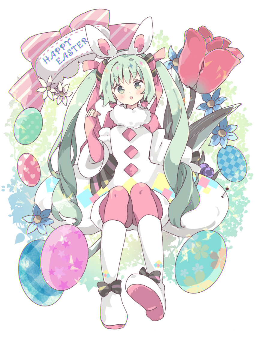 1girl :d animal_ears blue_flower blush boots bow commentary detached_sleeves dress easter_egg egg fake_animal_ears flower full_body green_eyes green_hair hairband happy_easter hatsune_miku head_tilt highres long_hair long_sleeves looking_at_viewer pantyhose pink_bow pink_pantyhose rabbit_ears red_flower shoe_soles smile solo striped striped_bow tsukiyo_(skymint) twintails very_long_hair vocaloid white_dress white_flower white_footwear white_hairband white_sleeves