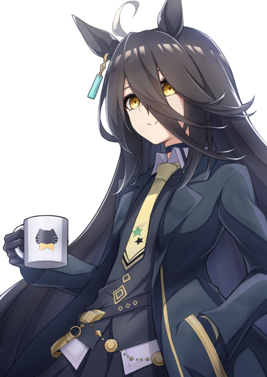 1girl ahoge animal_ears black_gloves black_hair black_jacket closed_mouth coffee_mug commentary_request cup earrings gloves hair_between_eyes hand_in_pocket highres holding holding_cup horse_ears horse_girl jacket jewelry long_hair looking_at_viewer manhattan_cafe_(umamusume) mug multicolored_hair necktie revision ruisuke simple_background single_earring smile solo streaked_hair umamusume very_long_hair white_background yellow_eyes yellow_necktie